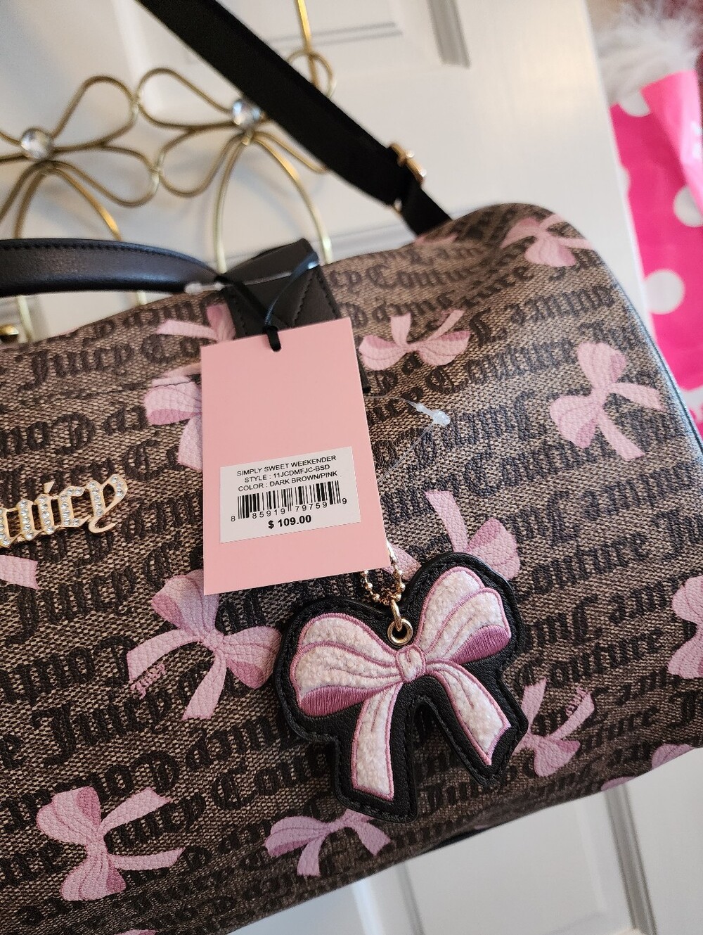 Juicy Couture Pink Bow Duffel Bag Tote Travel Luggage Weekender Simply Sweet New - Picture 2 of 6